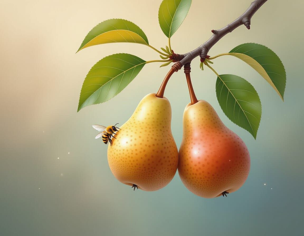 Pears and Bee: Detailed Realism with Watercolor Glow