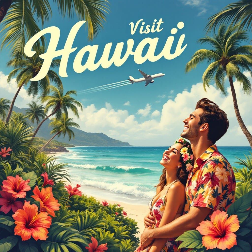 Vintage Travel Poster: Visit Sunny 1950s Hawaii