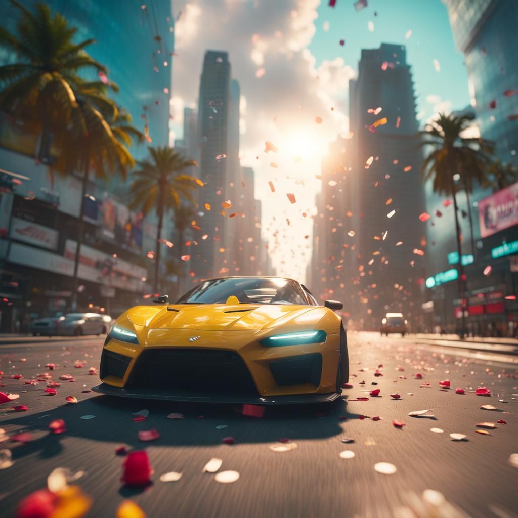Cyberpunk Miami Sports Car Race at Sunset