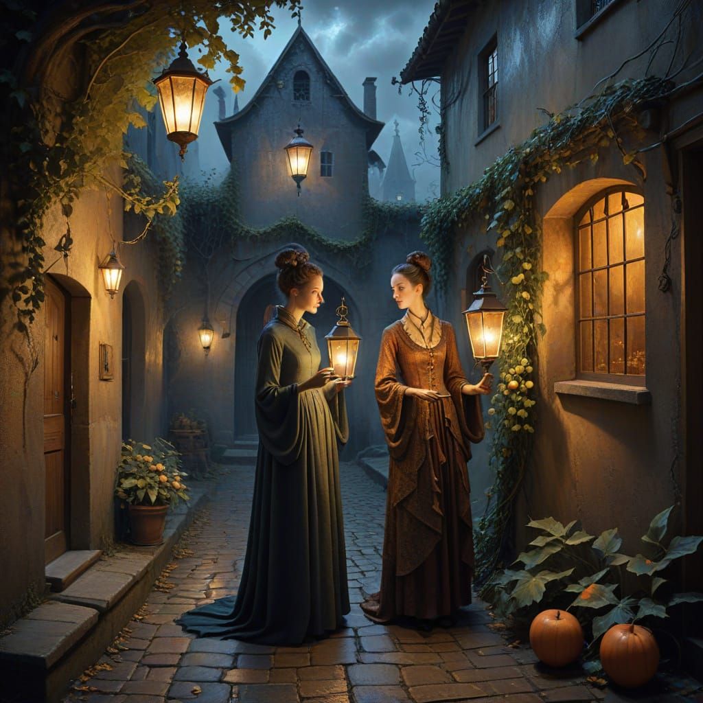 A romantic scene set in a moonlit alleyway behind a lively t...