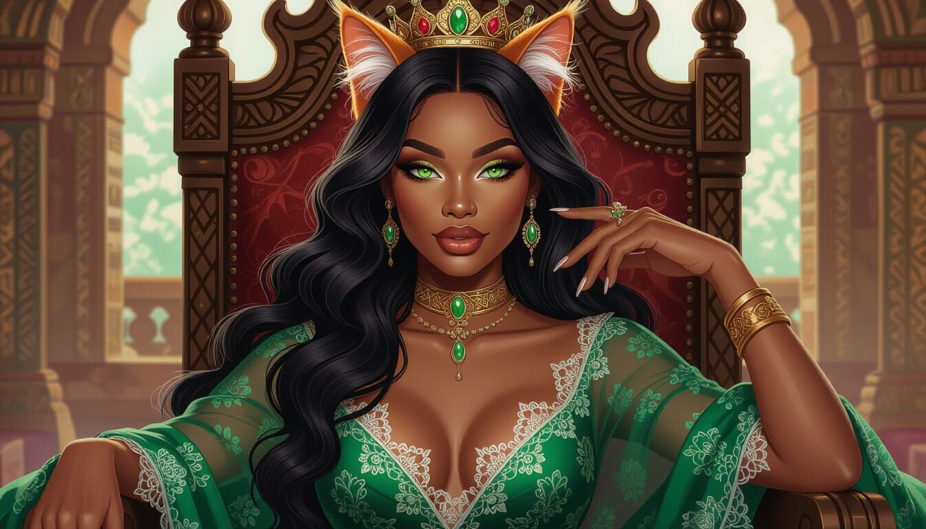 Werecat Queen Portrait in Retro-Futuristic African Throne Ro...