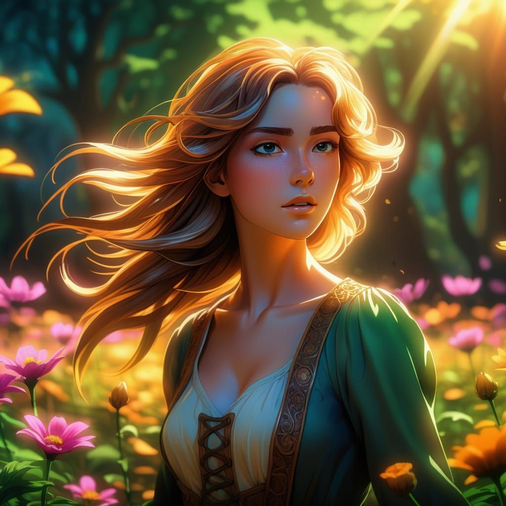 Anime Concept Art: Woman in Flower Field