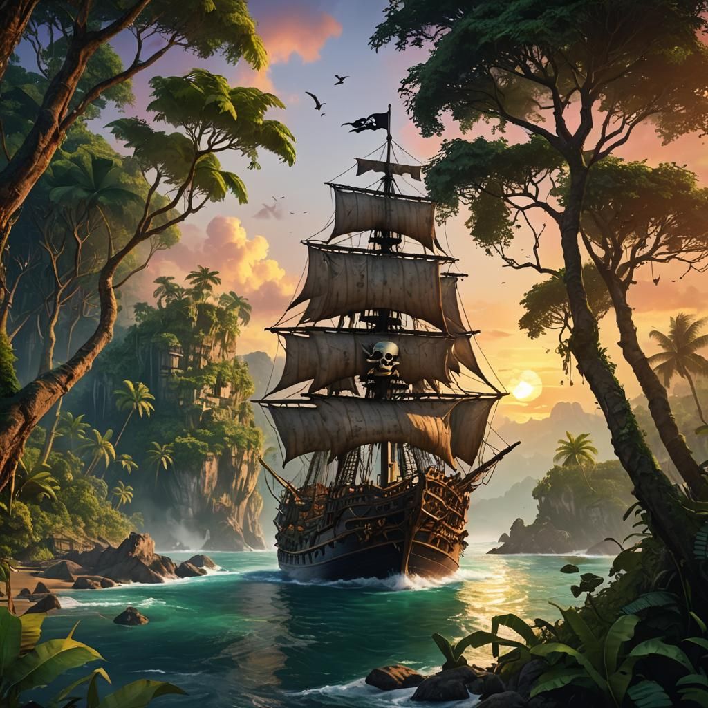 Watercolor Pirate Ship on Jungle Island at Sunset