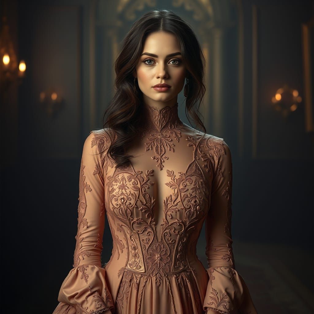 Elegant Woman in Gown: Rembrandt-Inspired Portrait