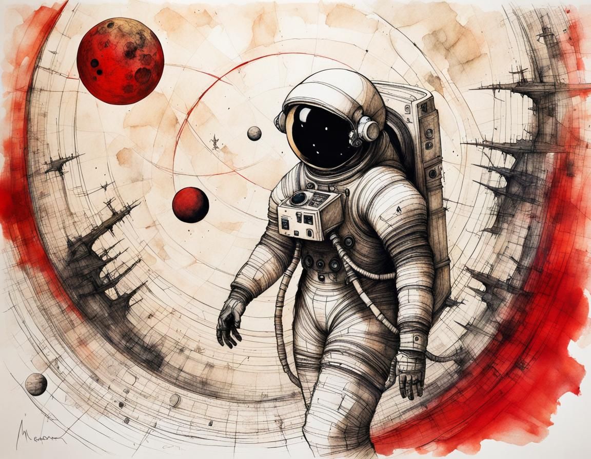 Astronaut Girl at Space Station in Ancient Art Style