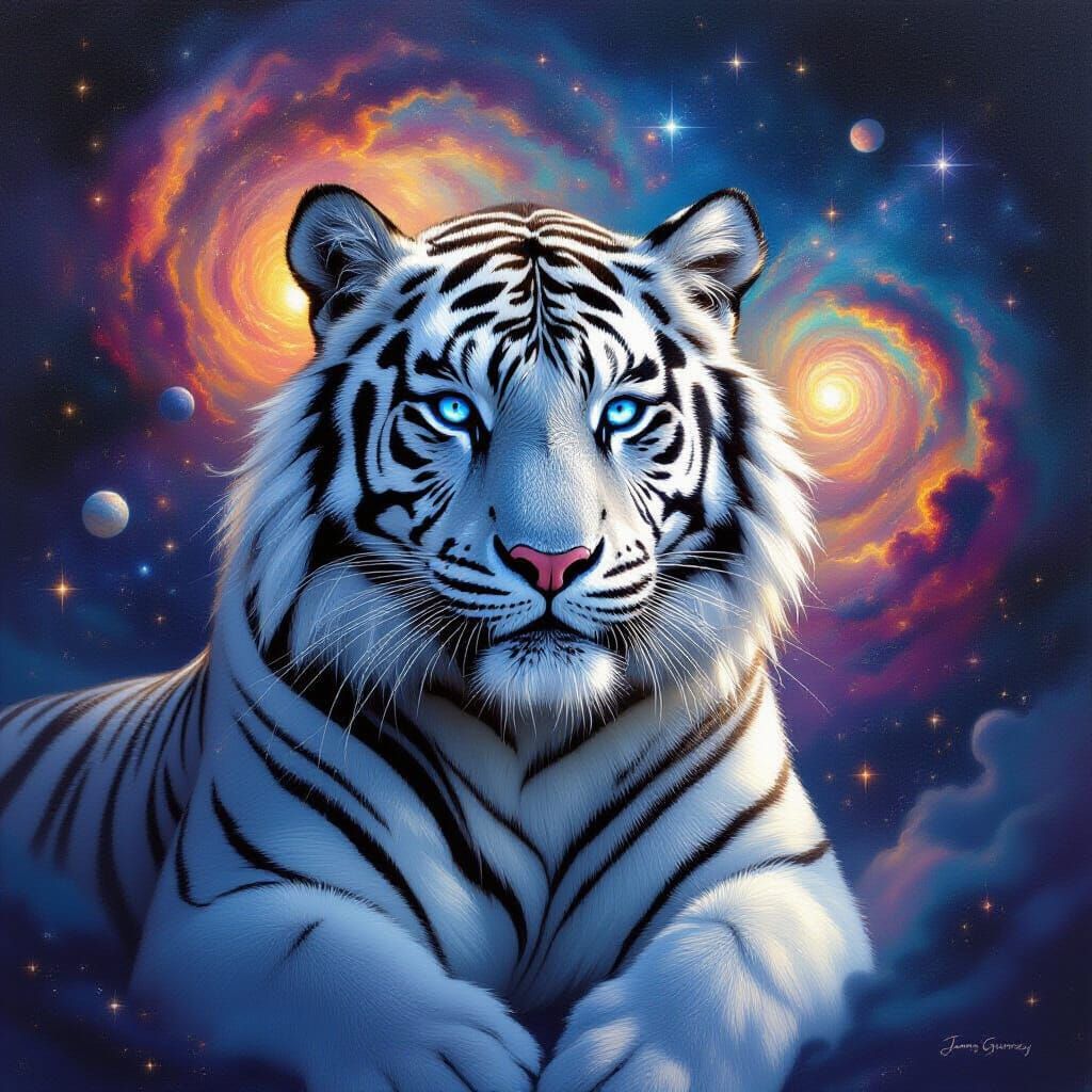 Majestic White Tiger Amidst Swirling Galaxy Oil Painting