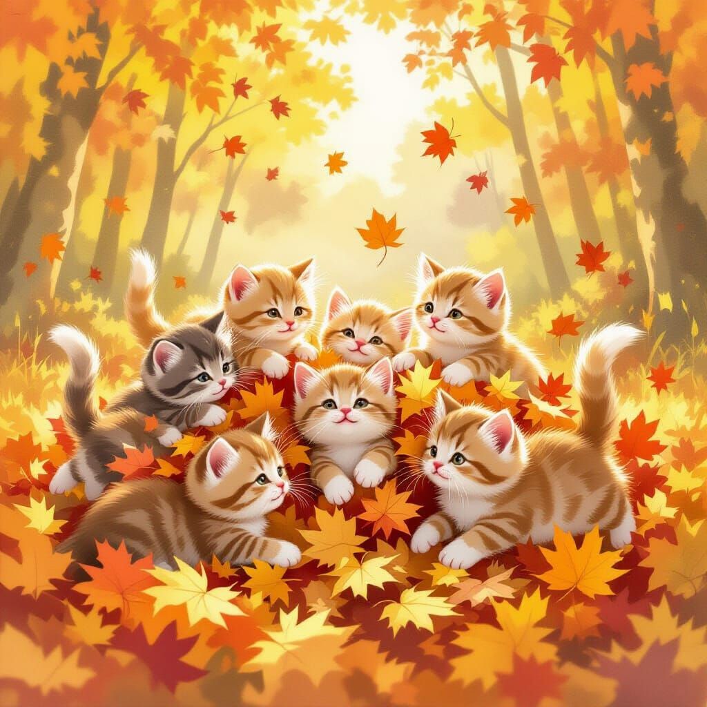 Playful Kittens in Autumn Forest Clearing