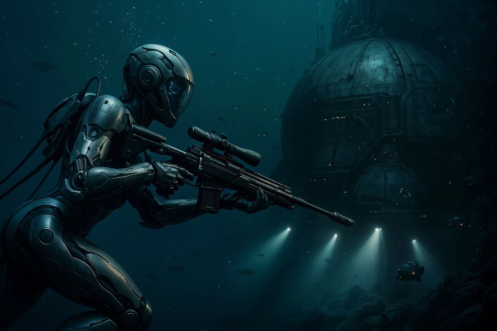 Underwater Biomechanical Sniper Approaching Deep Sea Base