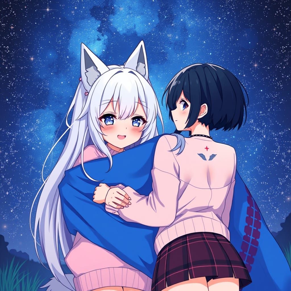 Anime Girls Under Starry Sky in Studio Trigger Style