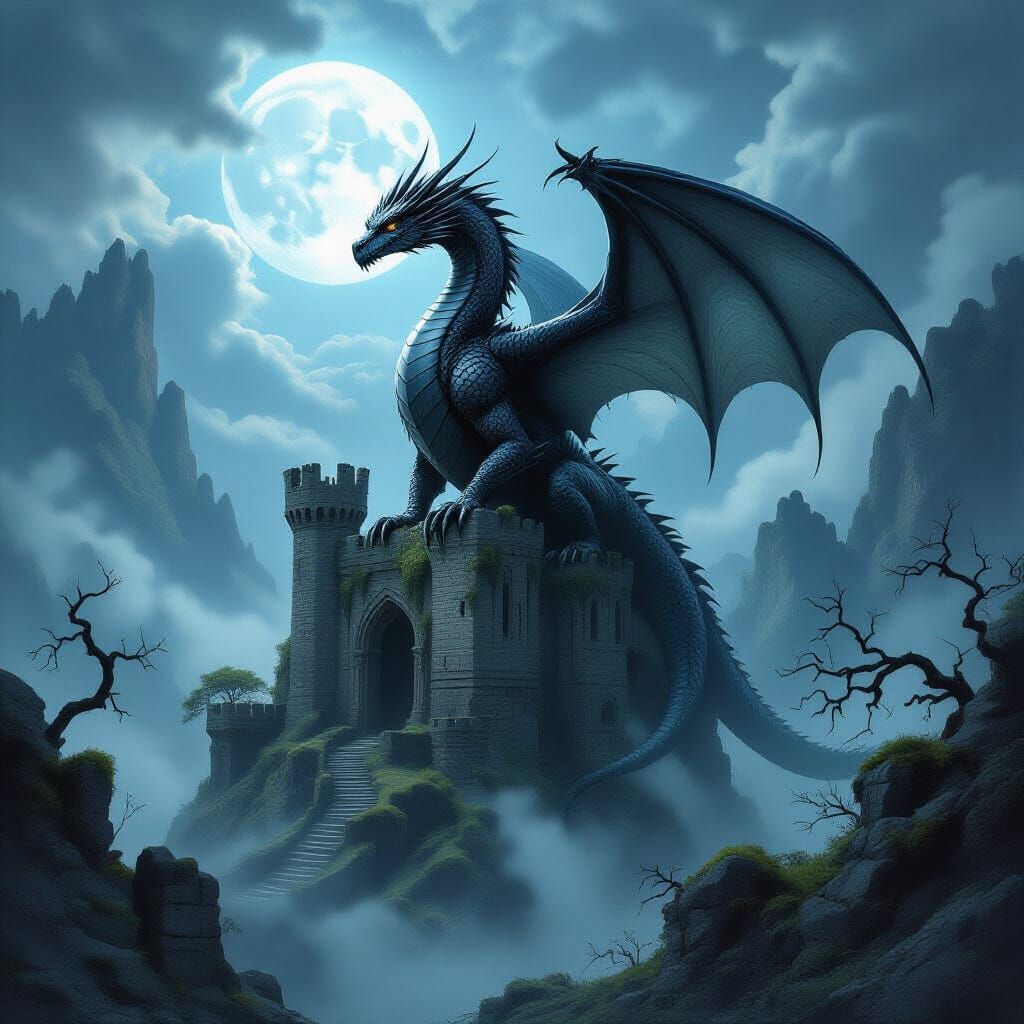 Obsidian Dragon on Castle Ruin in Twilight Valley