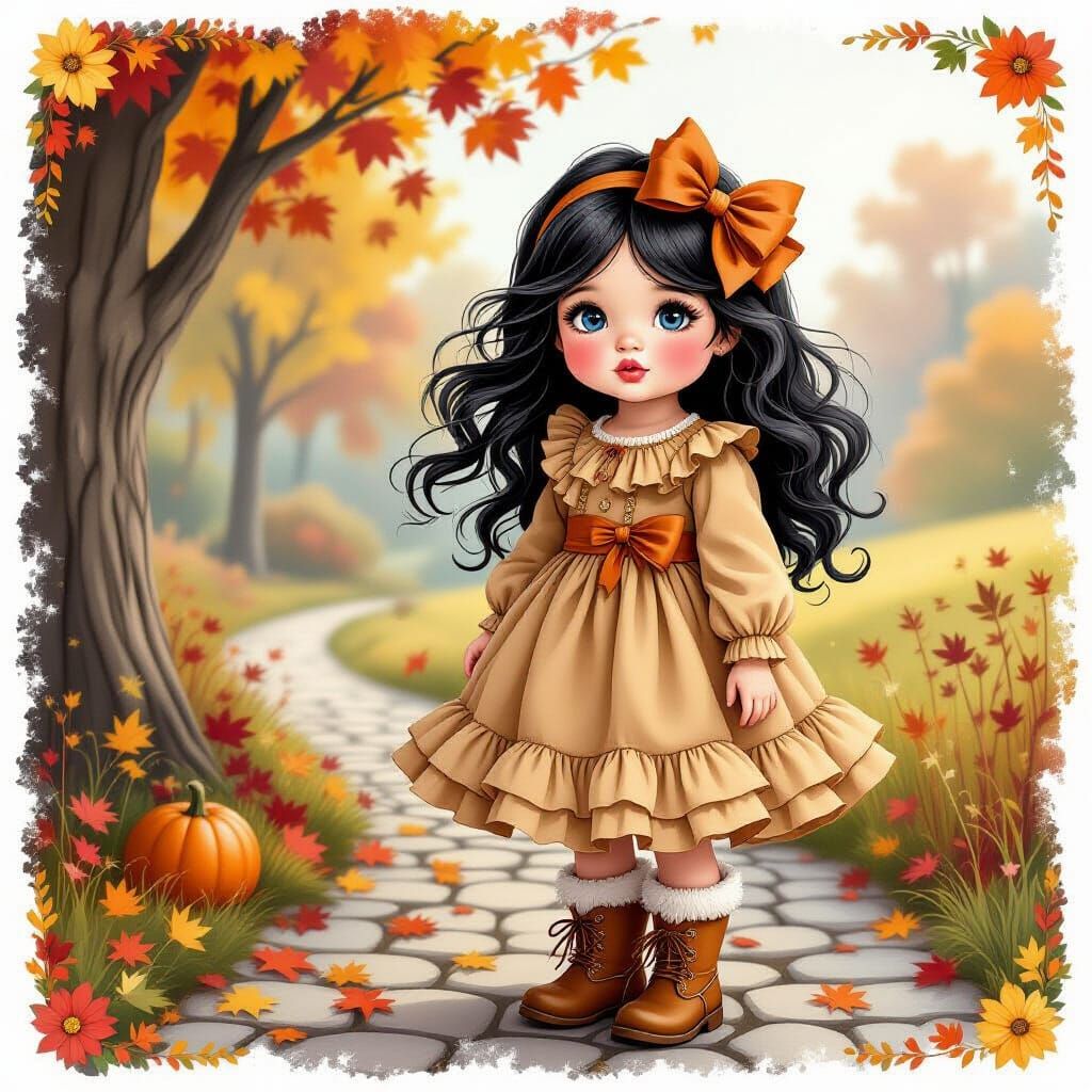 Girl by Autumn Tree in Chalk Illustration Style