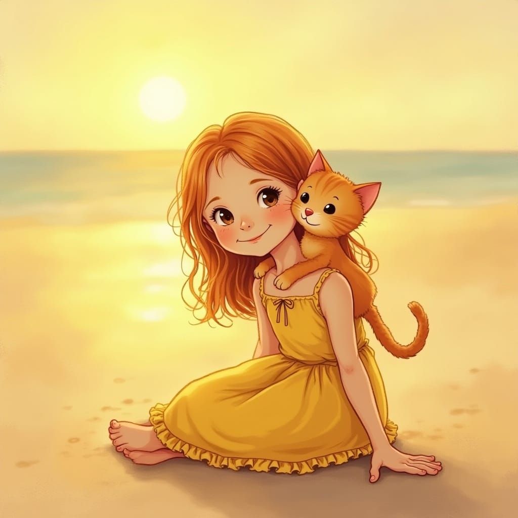 Girl and Kitten Enjoy Golden Hour Sunset on Beach