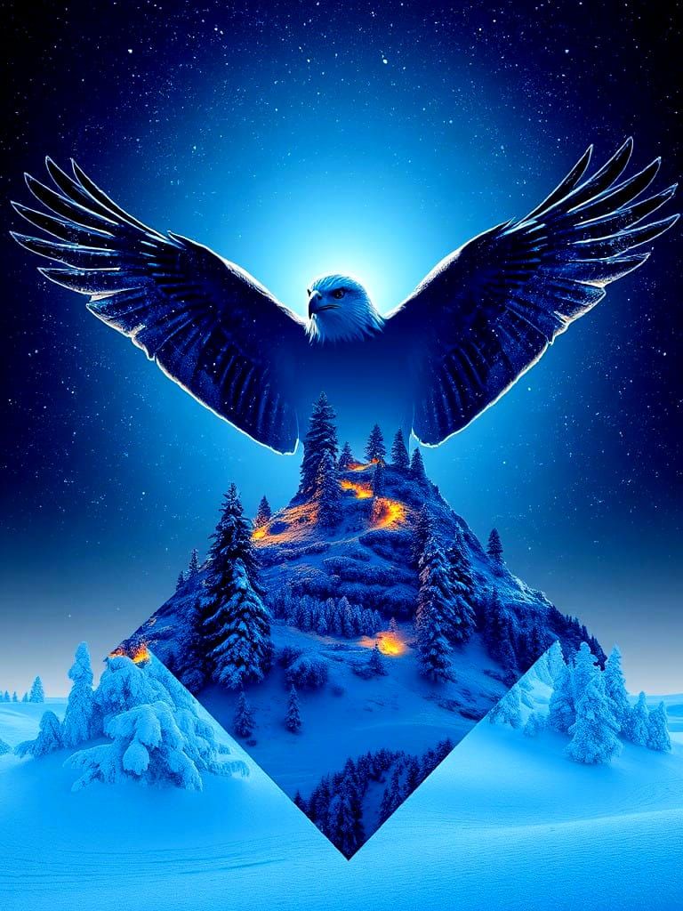 Surreal Hawk Soars Above Winter Wonderland in Starry Night S...
