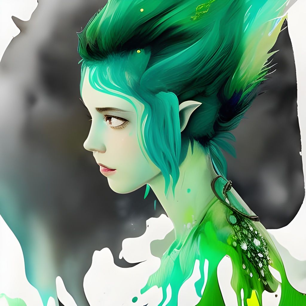 Elf Girl Portrait with Flowing Green Hair