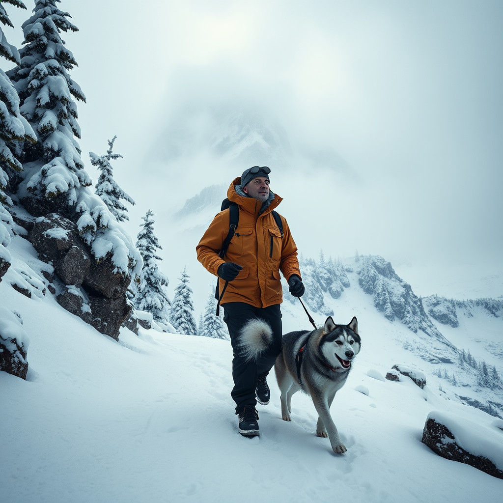 Man and Husky Hike Snowy Mountain in Winter