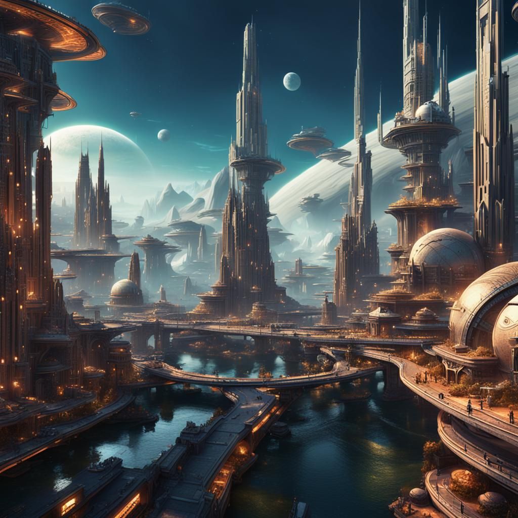 Futuristic City on Alien Planet, Detailed Matte Painting