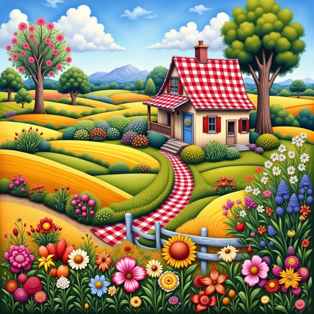 Whimsical Folk Art Farmhouse with Gingham Roof