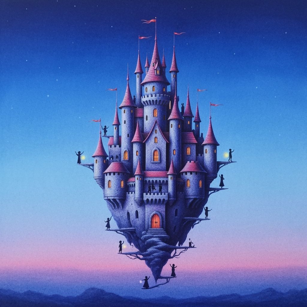 Whimsical Pencil Castle Floating in Twilight Sky