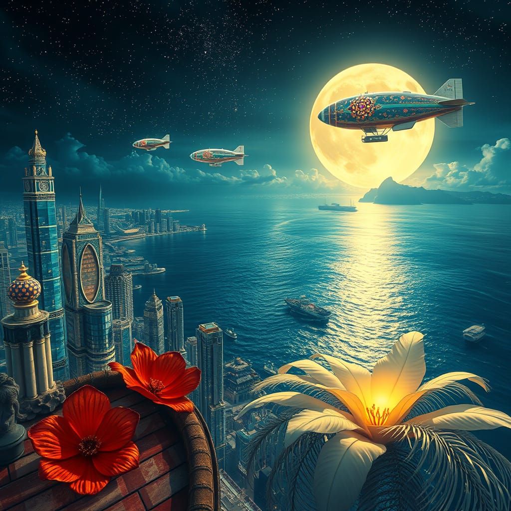 Fantastical Stained Glass City by Moonlight