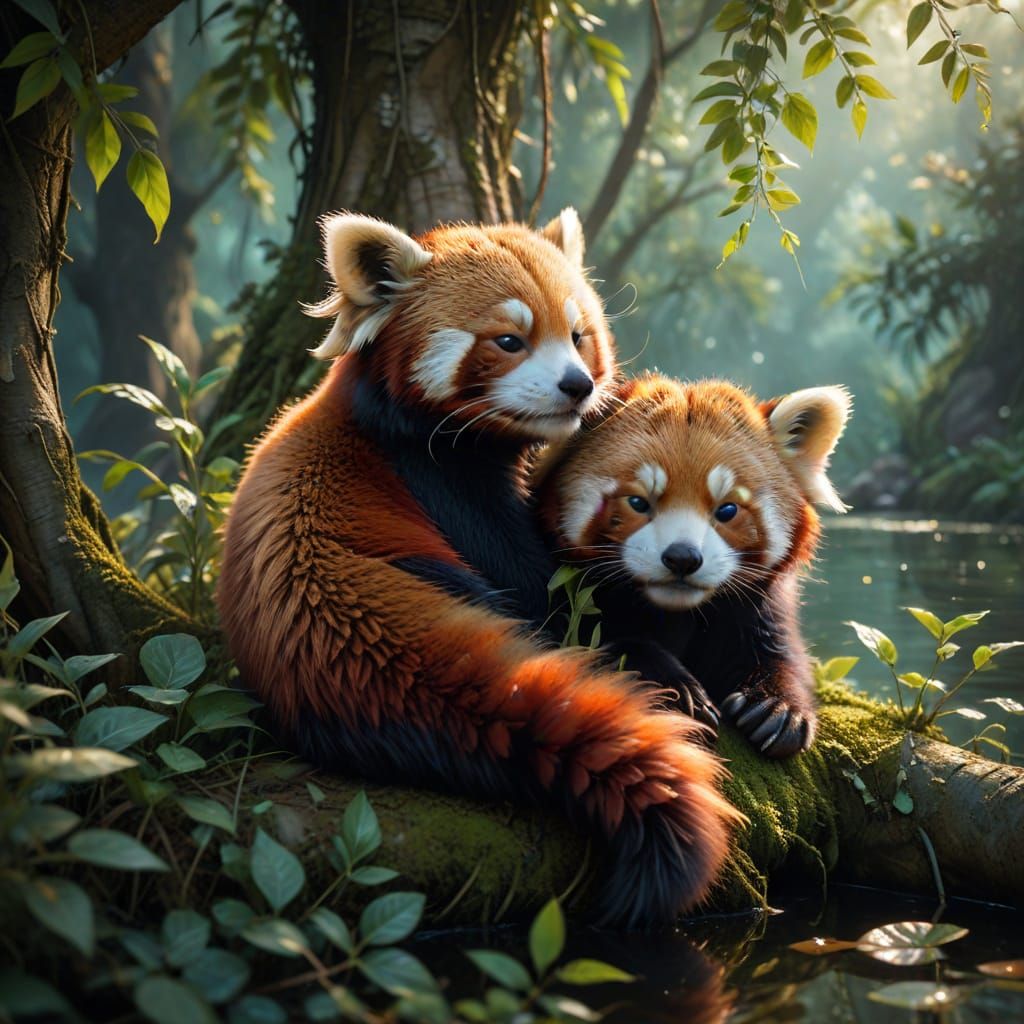 Sleeping Red Pandas Cuddling in a Jungle Tree