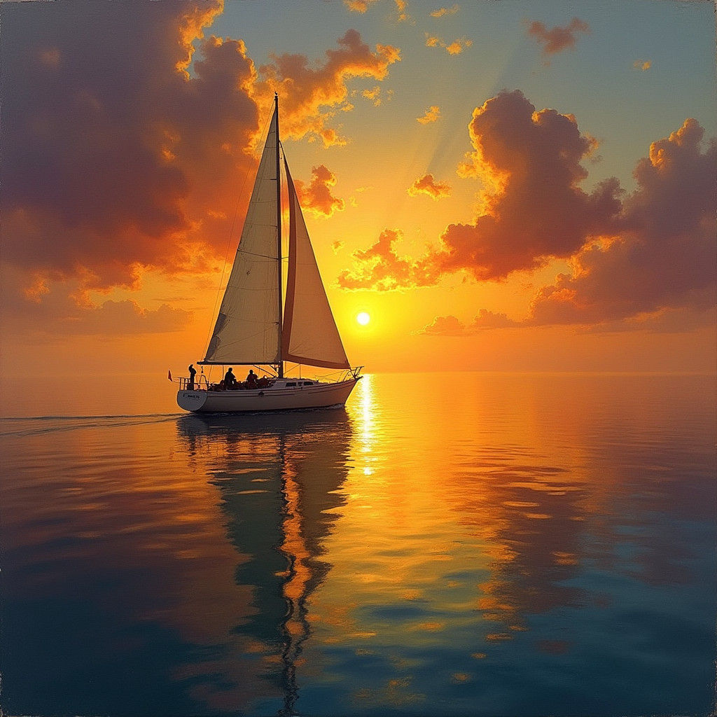 Sunset Sailboat on Calm Waters as Hyperrealist Painting