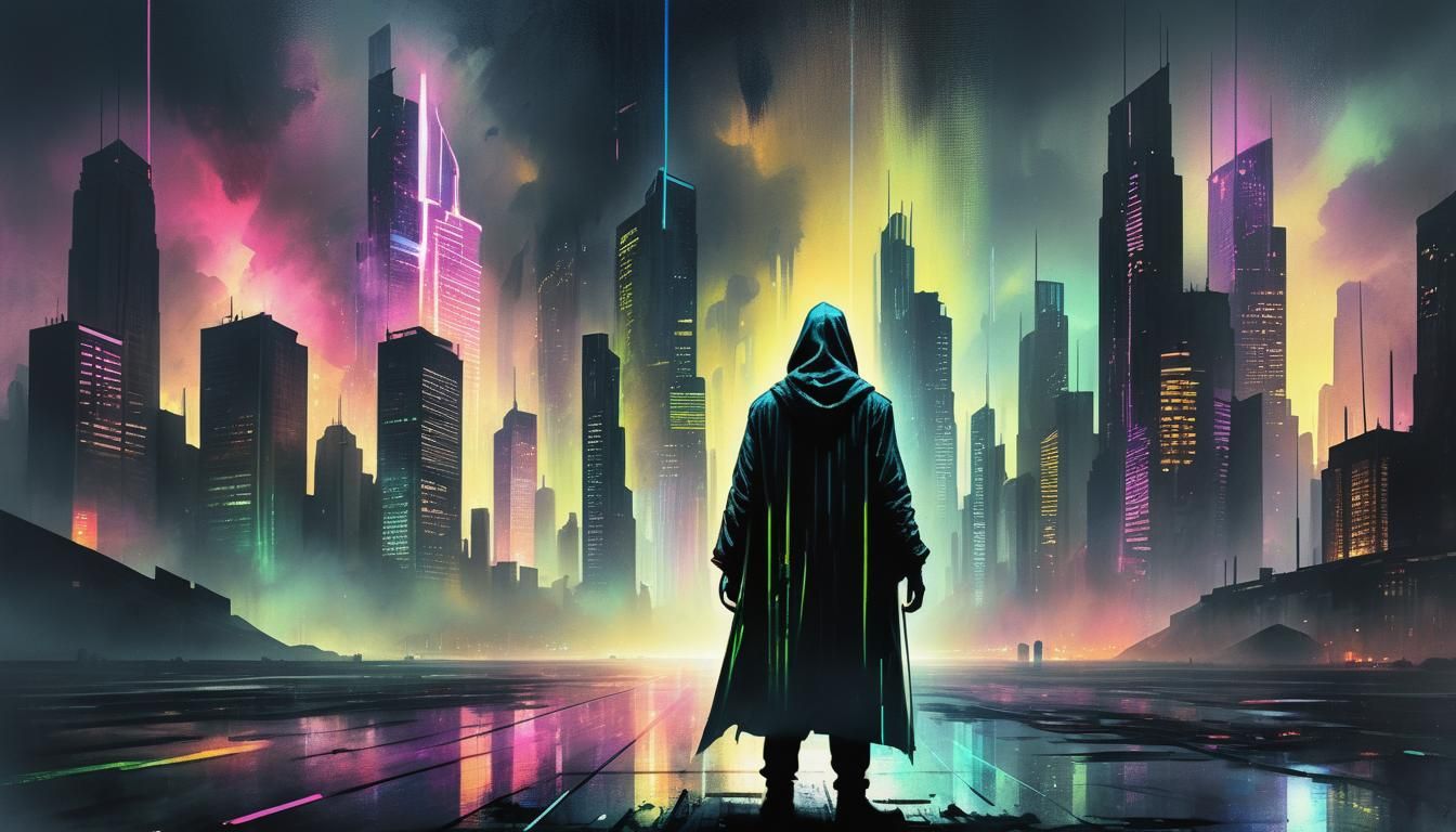 Dystopian Rebel in Shadowy Cyberpunk Cityscape