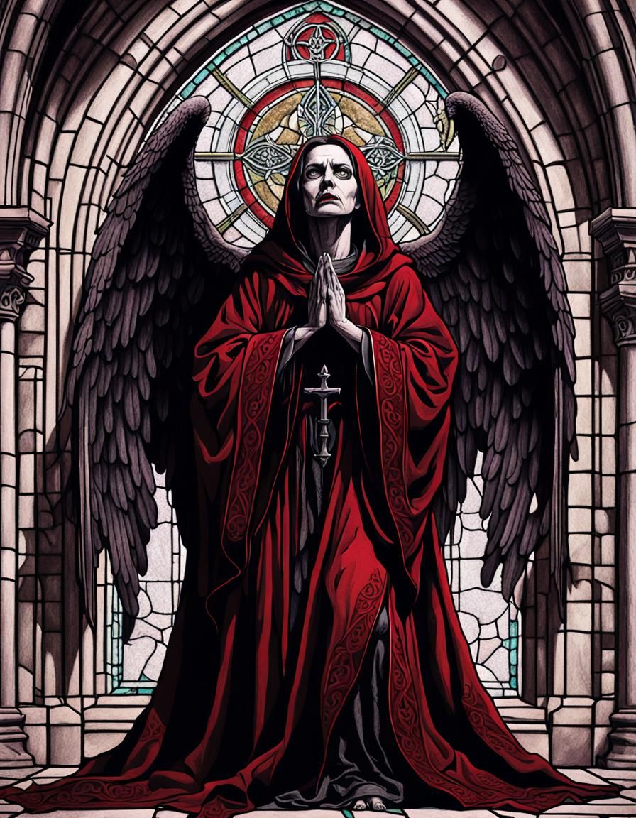 Gothic Fallen Angel in Stained Glass Style