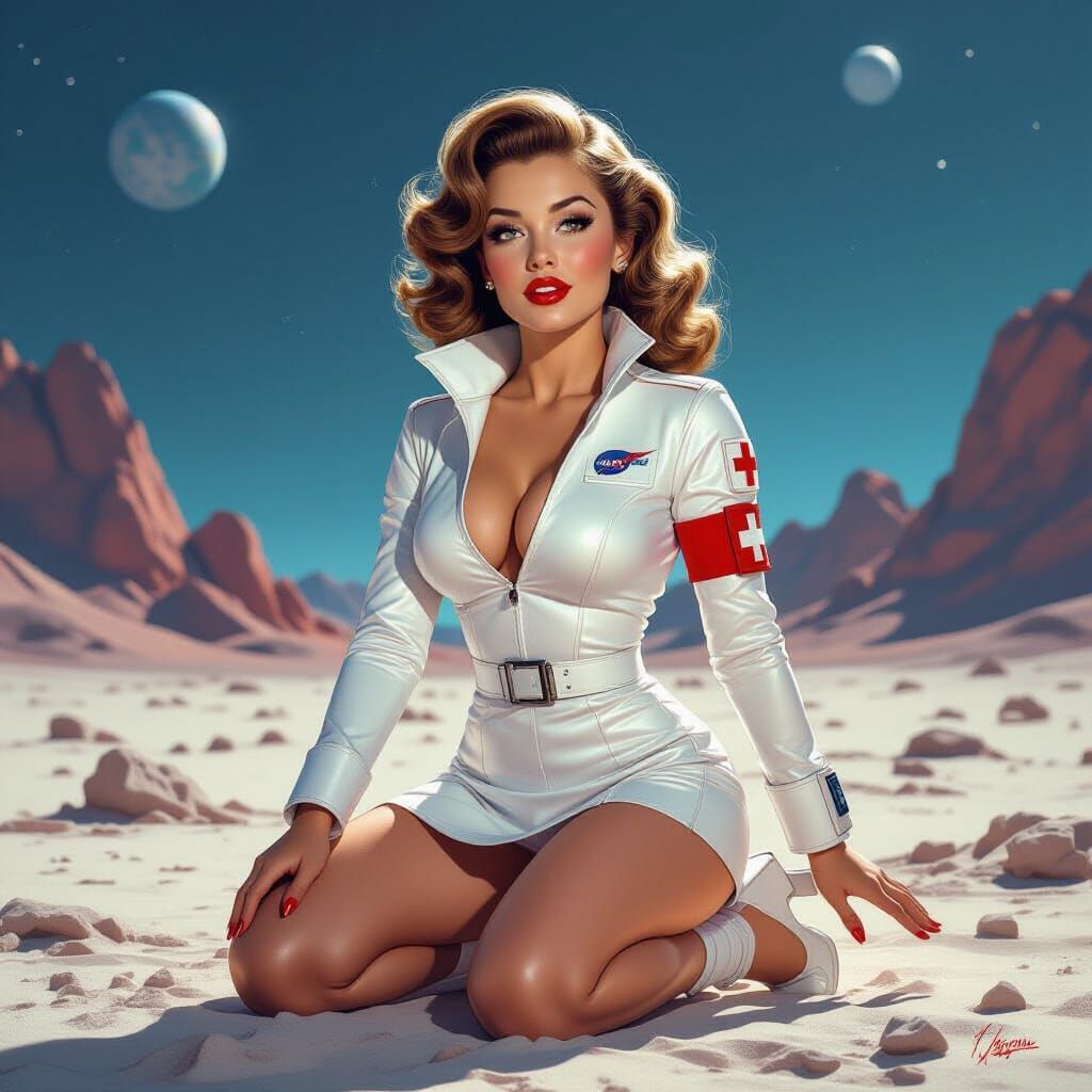 Pin-Up Astronaut on Alien Planet in Hyperrealistic Style