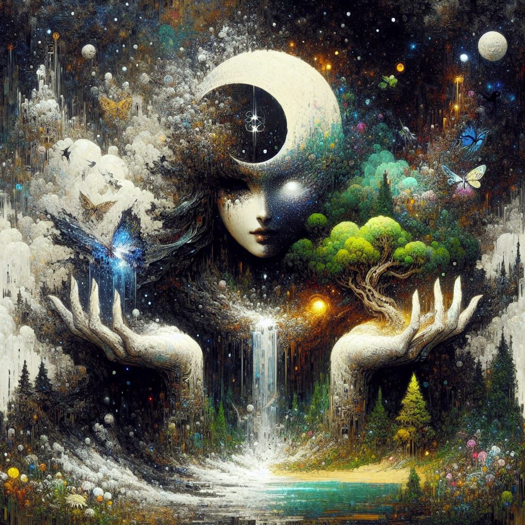 Manhwa Goddess Holding Landscape: Surreal Glitchcore Art