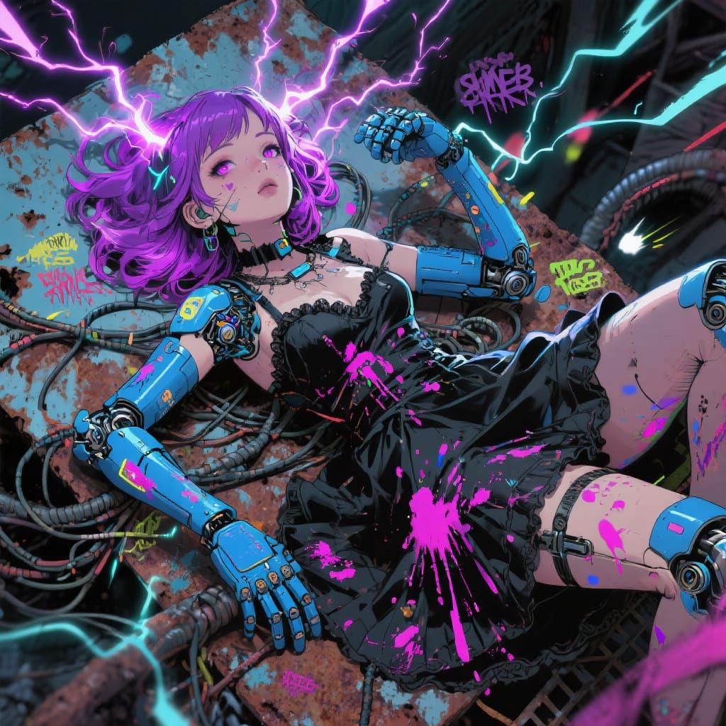 Cyberpunk Girl Reclining on Rusted Steel