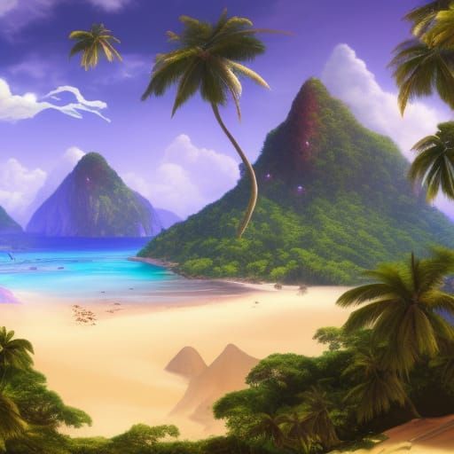 Tropical Island with Jungle and Beaches, Detailed Matte Pain...