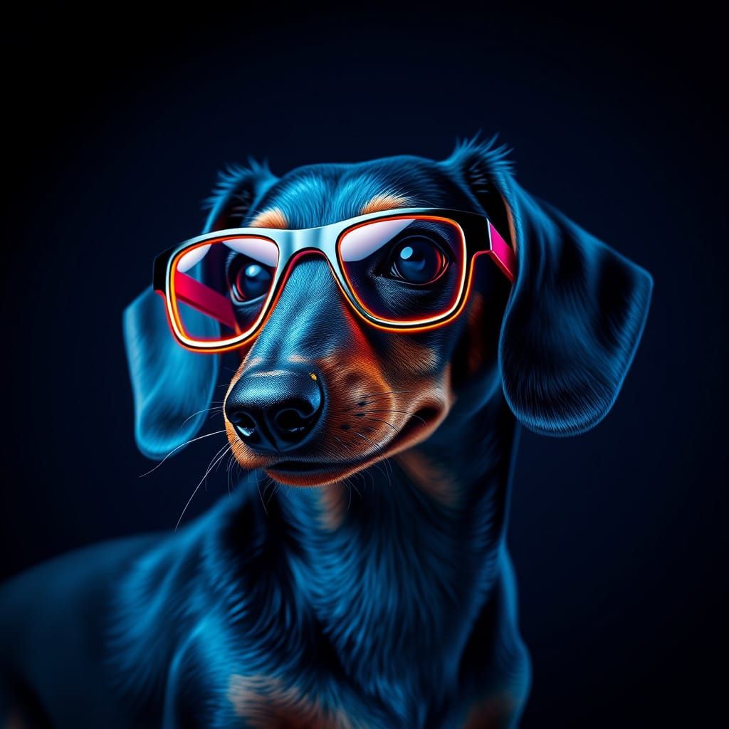 Sleek Fantasy Dachshund in Neon Blue with Glowing Glasses