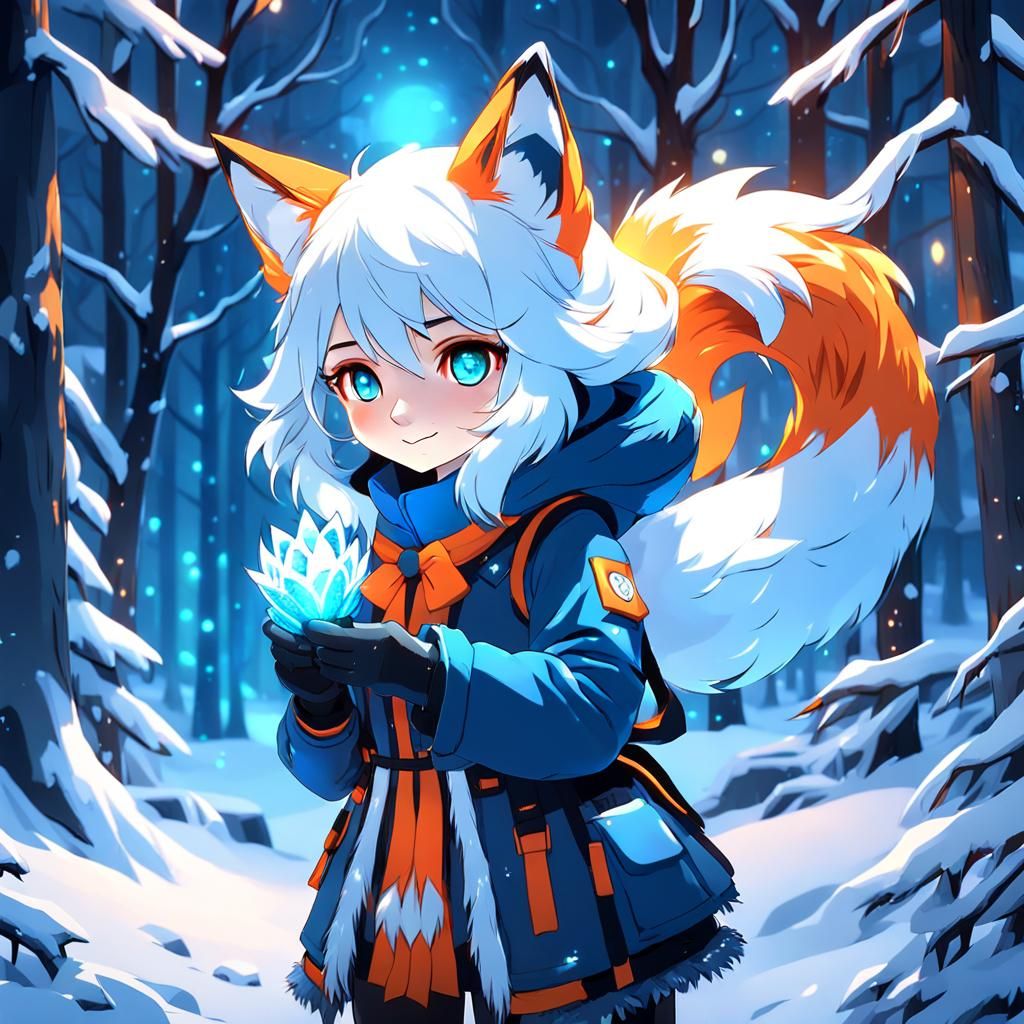 Anime Snow Fox Girl in Icy Forest