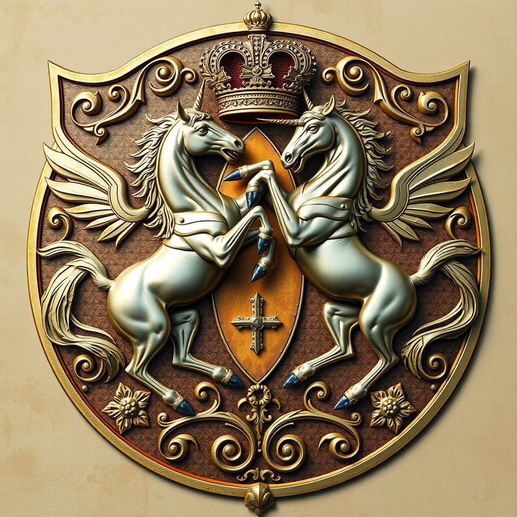 a family crest shield depicting two unicorns fighting each other