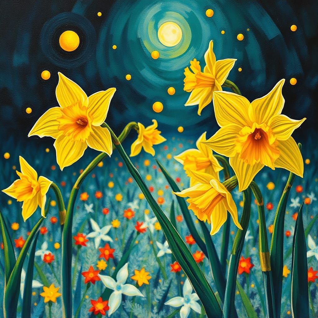 Surreal Daffodils in Vibrant Impasto Style