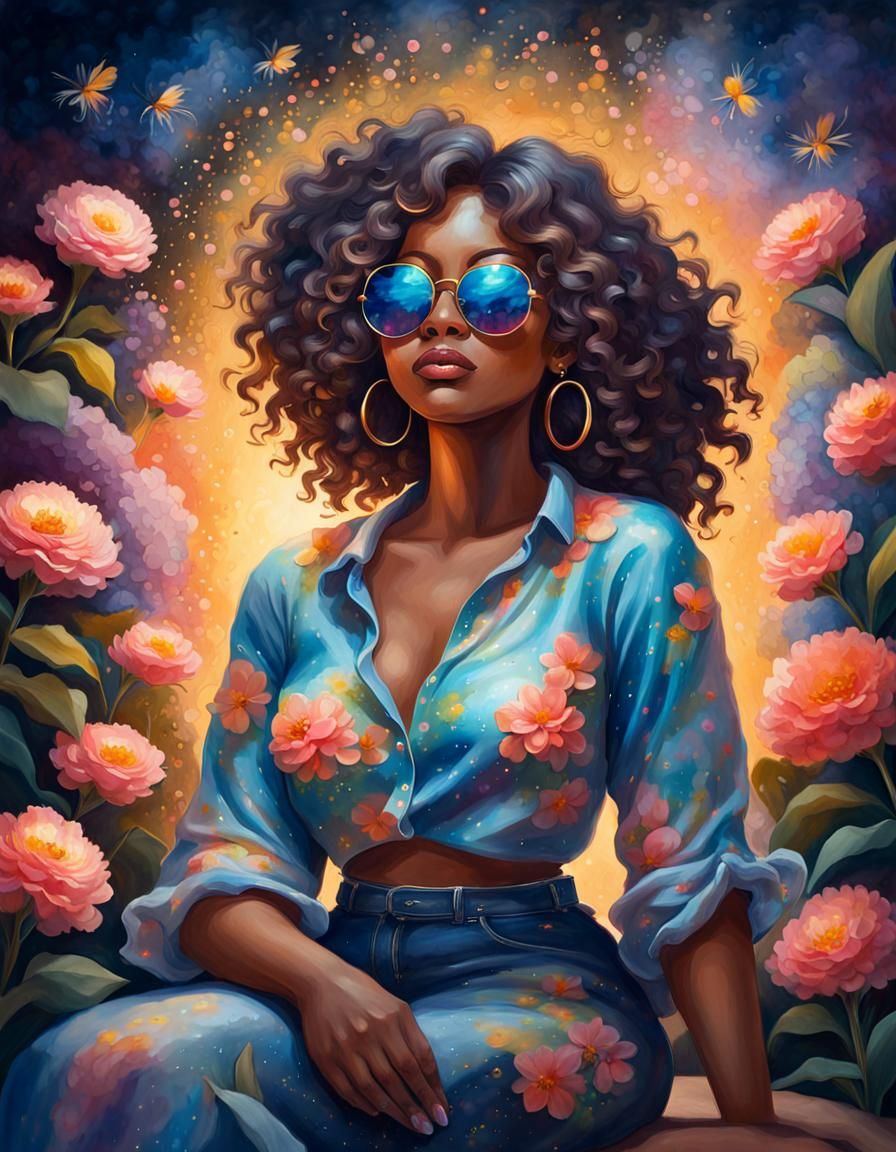 Floral Woman in Sunglasses: Vibrant Oil Painting