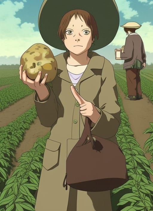 Anime Farmer Shows Small Potato, Colorized