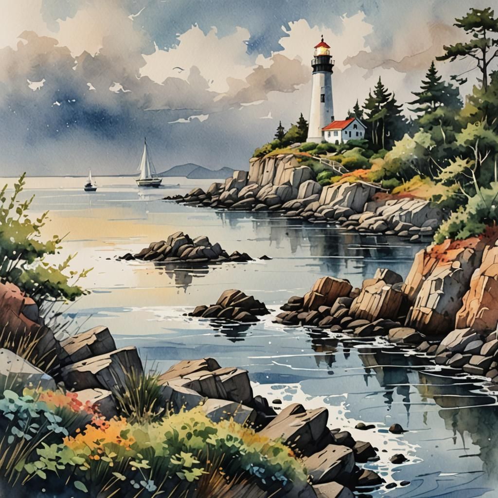 Bay with Sailboat, Lighthouse, Watercolor Sketch Art
