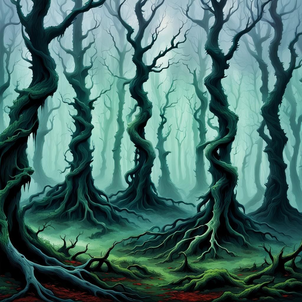 Haunting Mist-Shrouded Forest with Twisted Trees