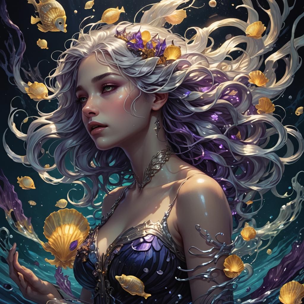 Enchanting Silver-Haired Siren in Bioluminescent Sea