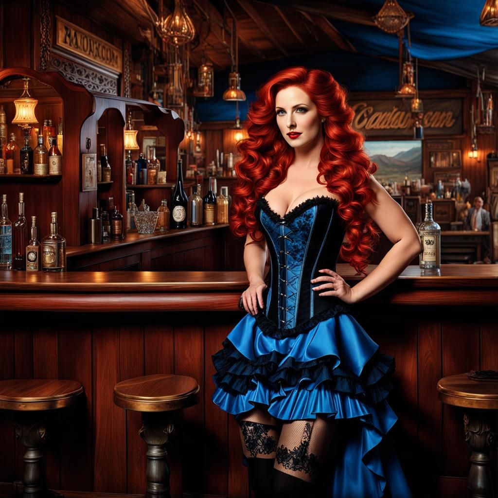 Saloon Girl with Red Hair and Blue Dress