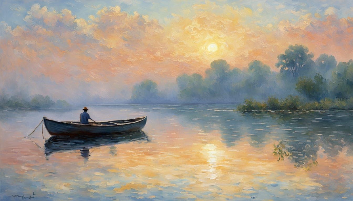 Impressionist Rowboat on Calm Water with Golden Light