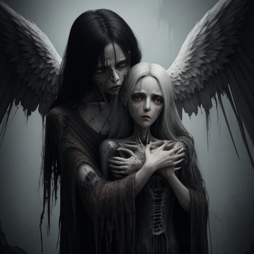 Grotesque Angel Embraces Hand and Doll in Surreal Horror