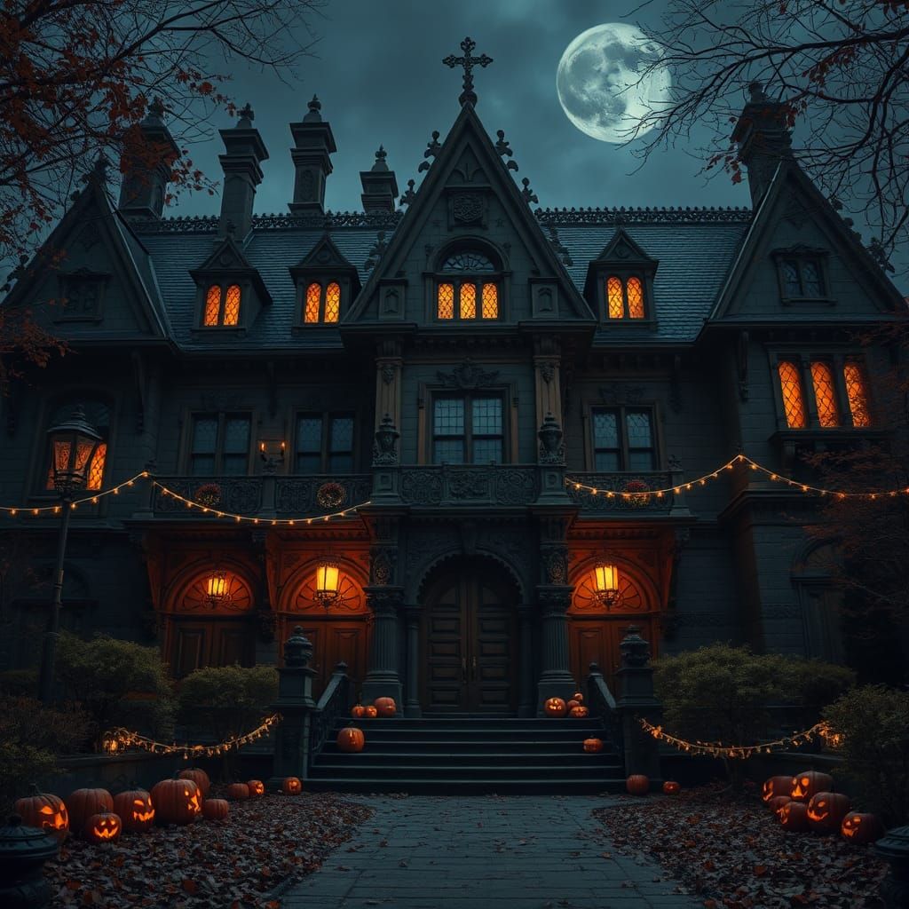 Eerie Halloween Mansion with Jack-o-Lanterns in Hyperrealist...