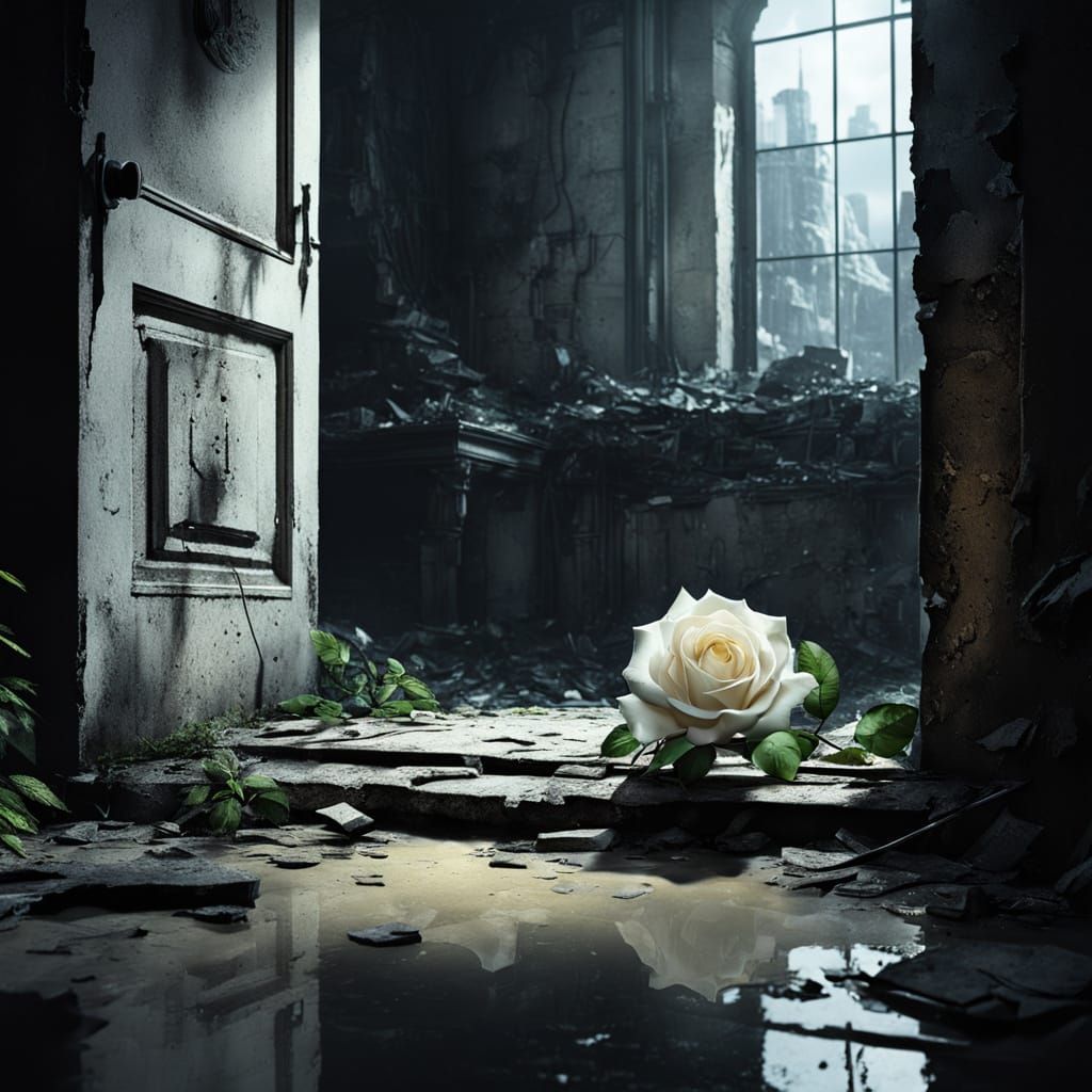 Surreal White Rose Breaks Through Ruins in Neon-Lit Cityscap...