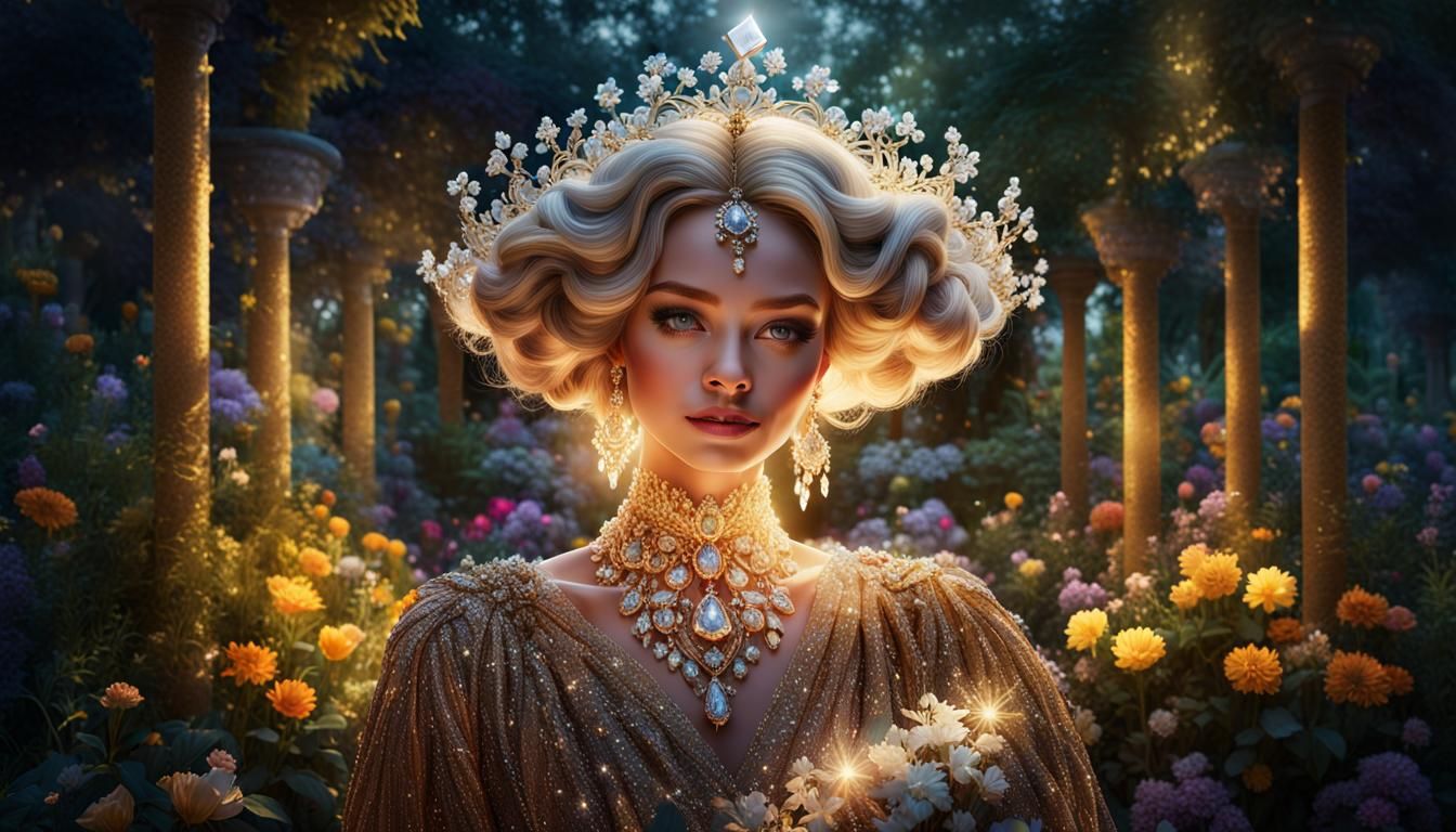 Glamorous Beauty Queen Portrait in Lush Garden