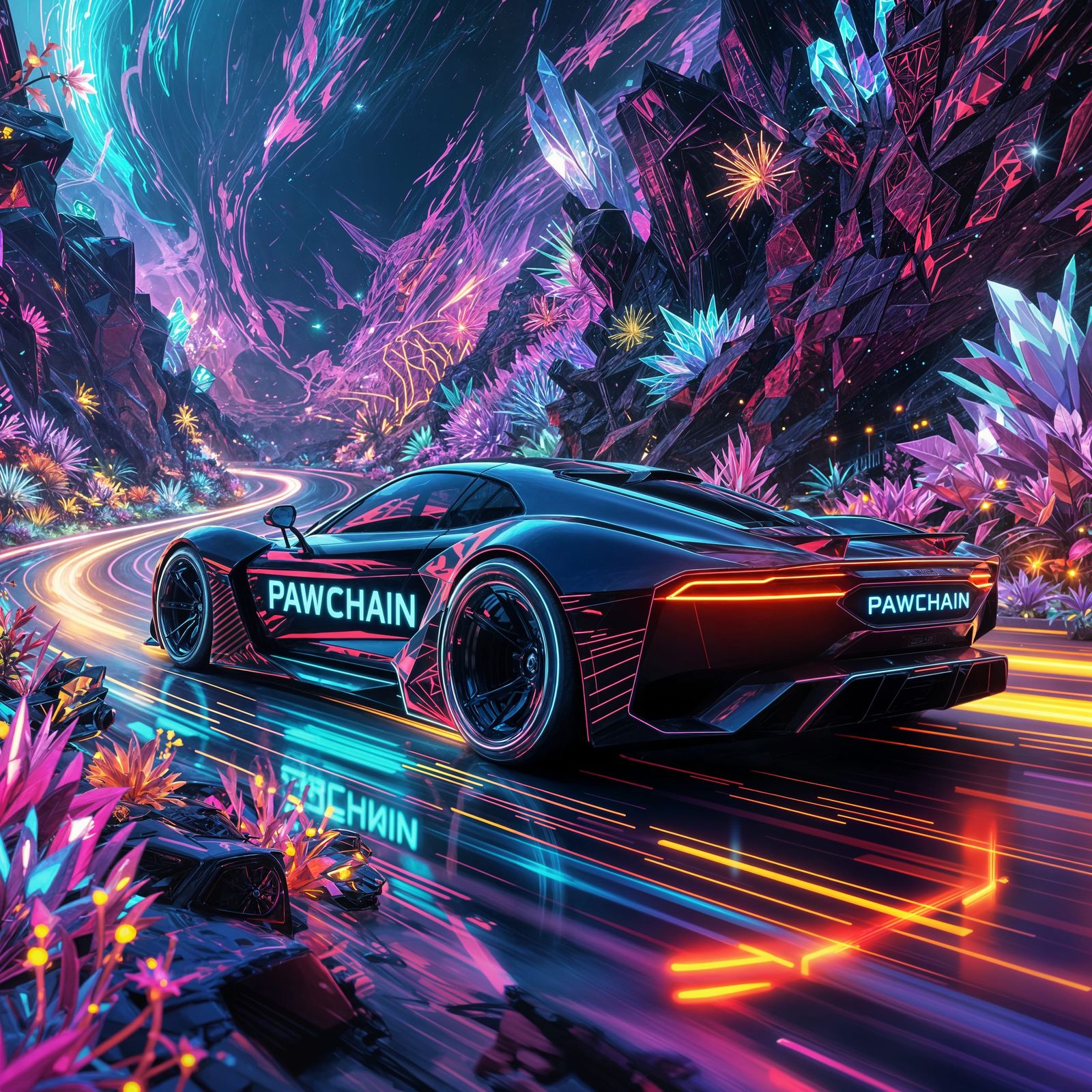 Neon Supercar on Blockchain Planet: Hyperrealistic Splash Ar...
