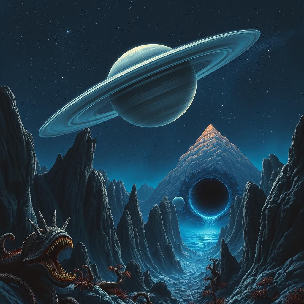 Surreal Black Hole Landscape in Beksiński Art Style