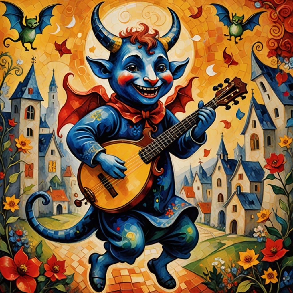 Dancing Devil with Lute in Chagall Style