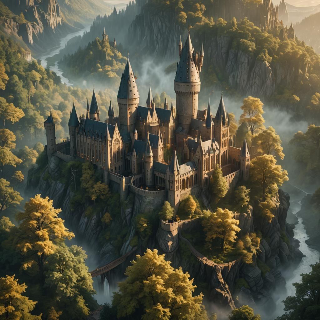 Hogwarts Castle in Mystical Forest: Fantasy Art Deco